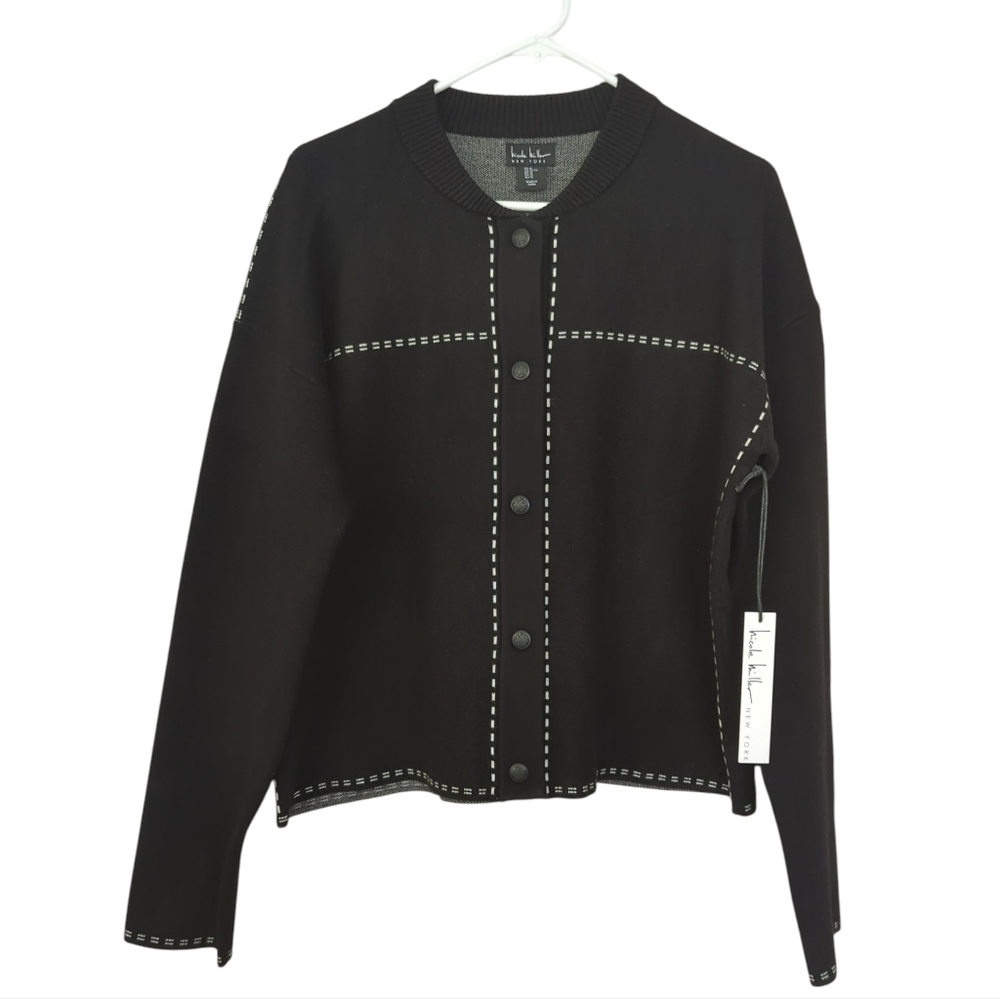 NWT Nicole Miller Snap Front Long Sleeve Cardigan Sweater XL Black White